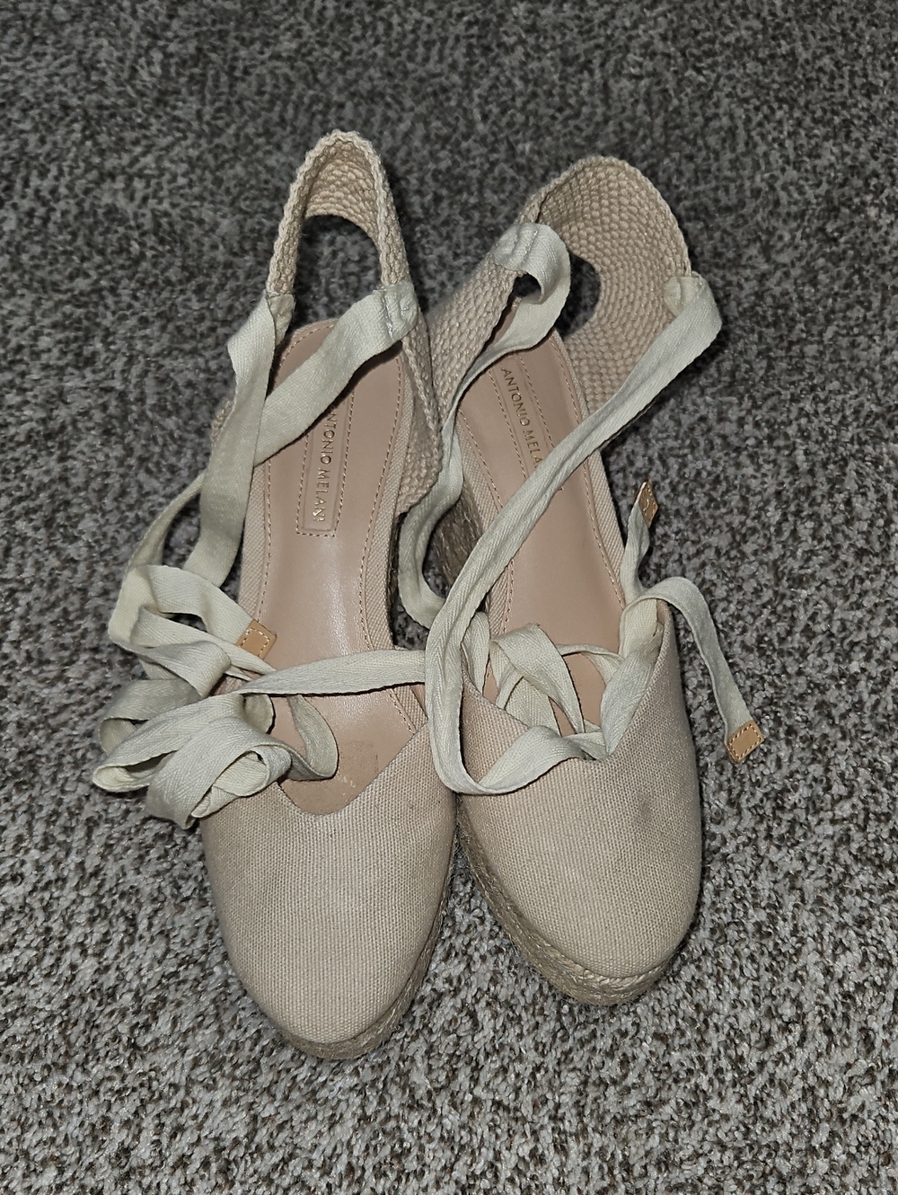 Neutral Beige Canvas Espadrille Wedges with Ankle Wrap — Antonio Melani